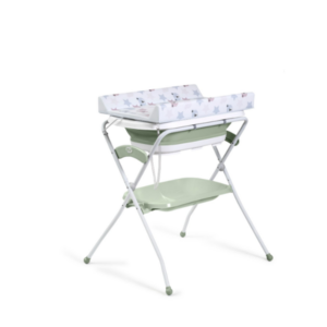 Cambiador y bañera plegable para bebé en color verde menta y blanco, con estampado de estrellas y ositos en la parte superior.