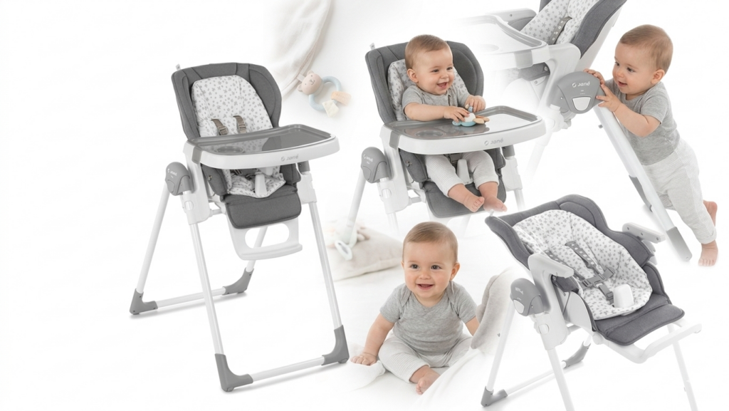 Trona Mila Stars de Jané en color gris con estampado de estrellas para bebé. : Detalle del tapizado de tela suave y desenfundable de la trona Mila Stars de Jané.