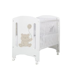 Cuna Tamy MiraLuna by Trama en blanco mate con dibujo de oso con globo en color tierra