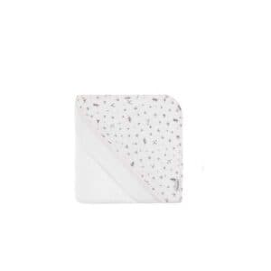 Toalla maxicapa de baño infantil en color gris con capucha estampada, ideal para envolver y secar delicadamente al bebé después del baño.